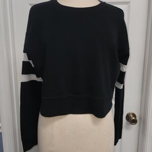 Black Cropped Express Sweater with White Mesh Stripes On Sleeves